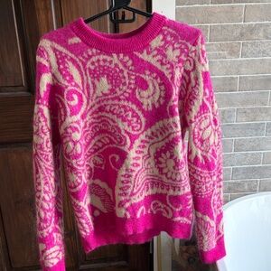 Sezane Hot Pink and Cream Paisley Crewneck Sweater